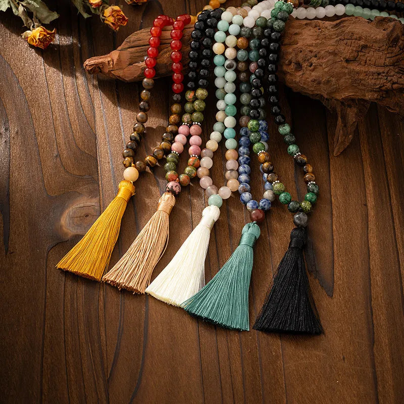 Vintage bohemian style beaded sweater chain with tassel detail and matching bracelet