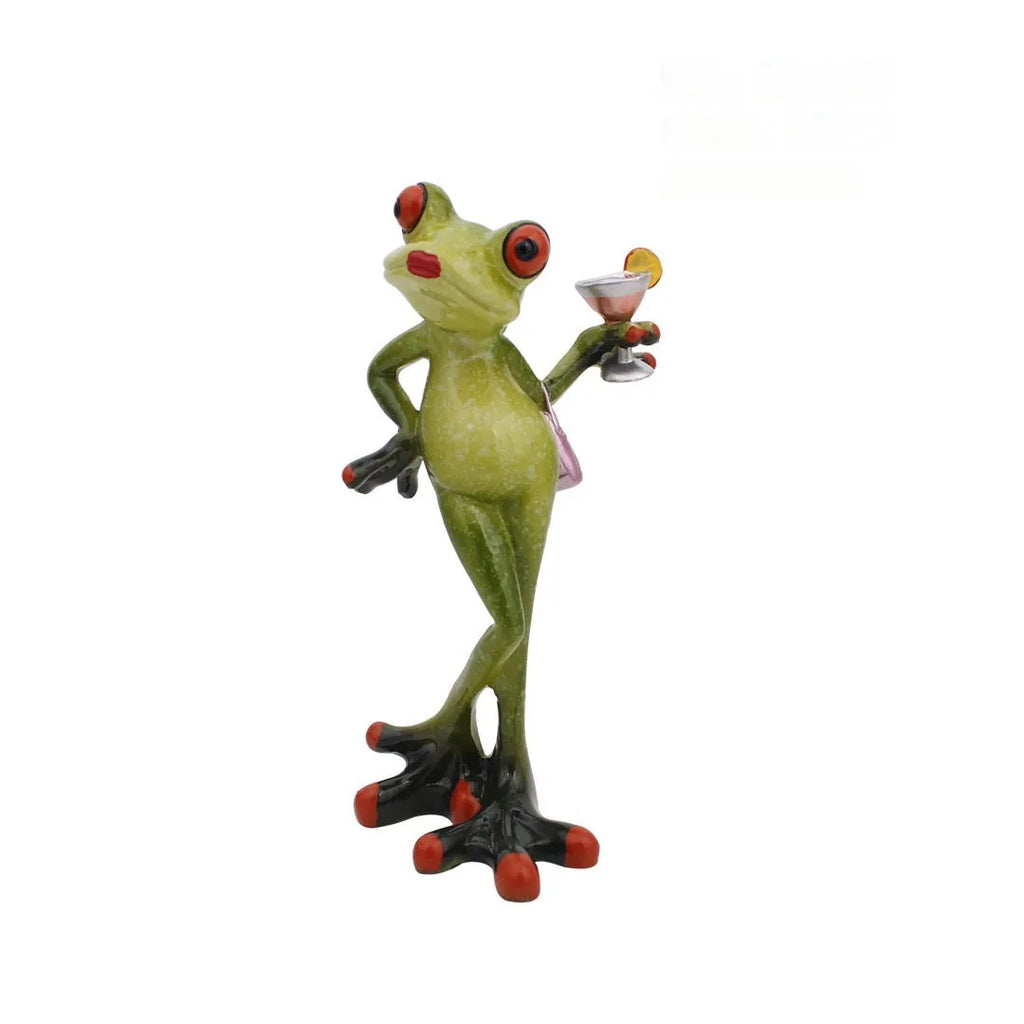Pastoral style synthetic resin frog figurine home decoration on a wooden surface.
