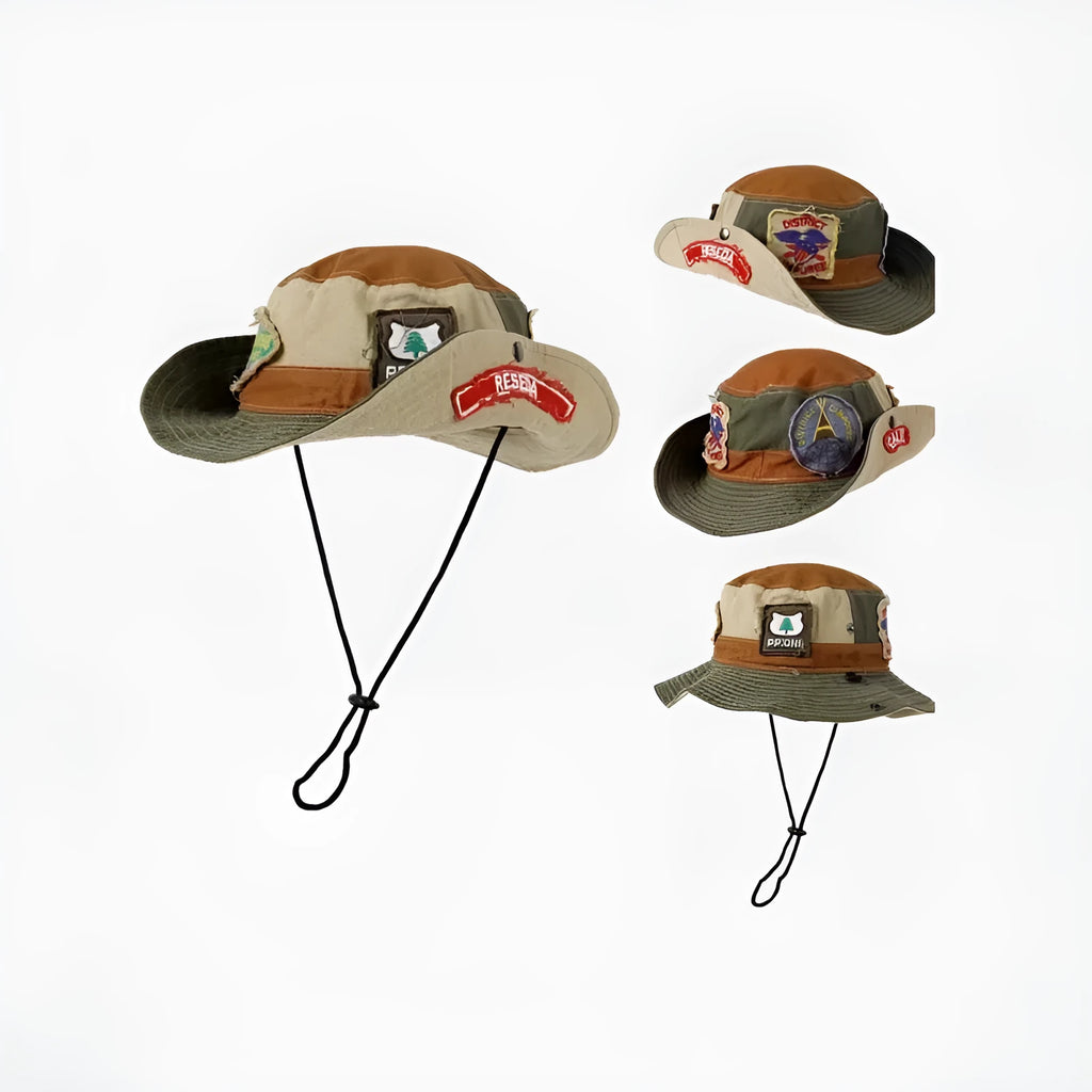 Army green cotton fisherman hat with flat top crown and patchwork hand-painted design