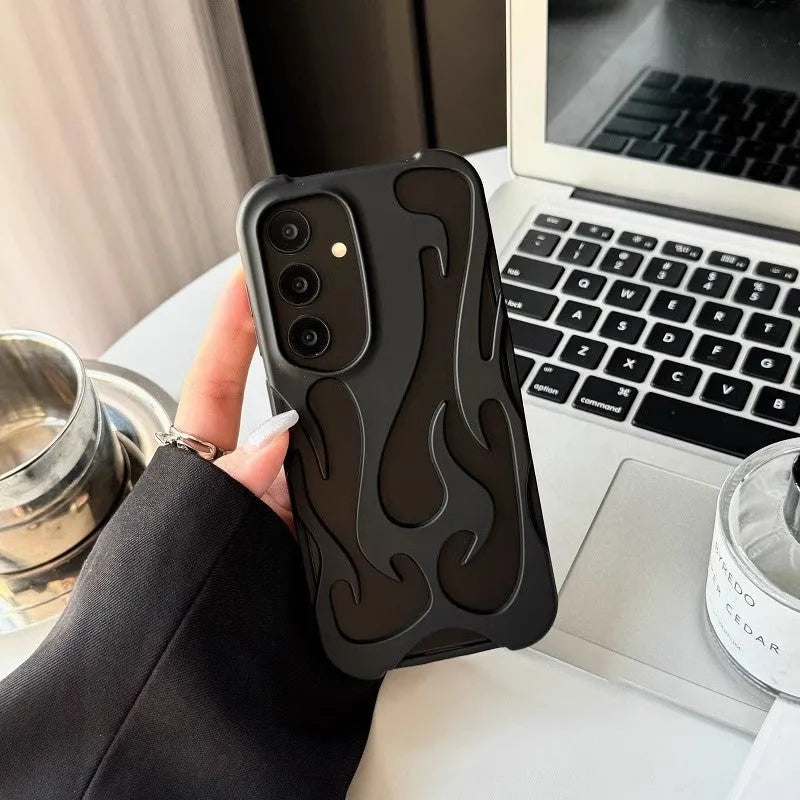 Samsung S24 hollow flame pattern drop-resistant TPU phone case in black electroplated finish