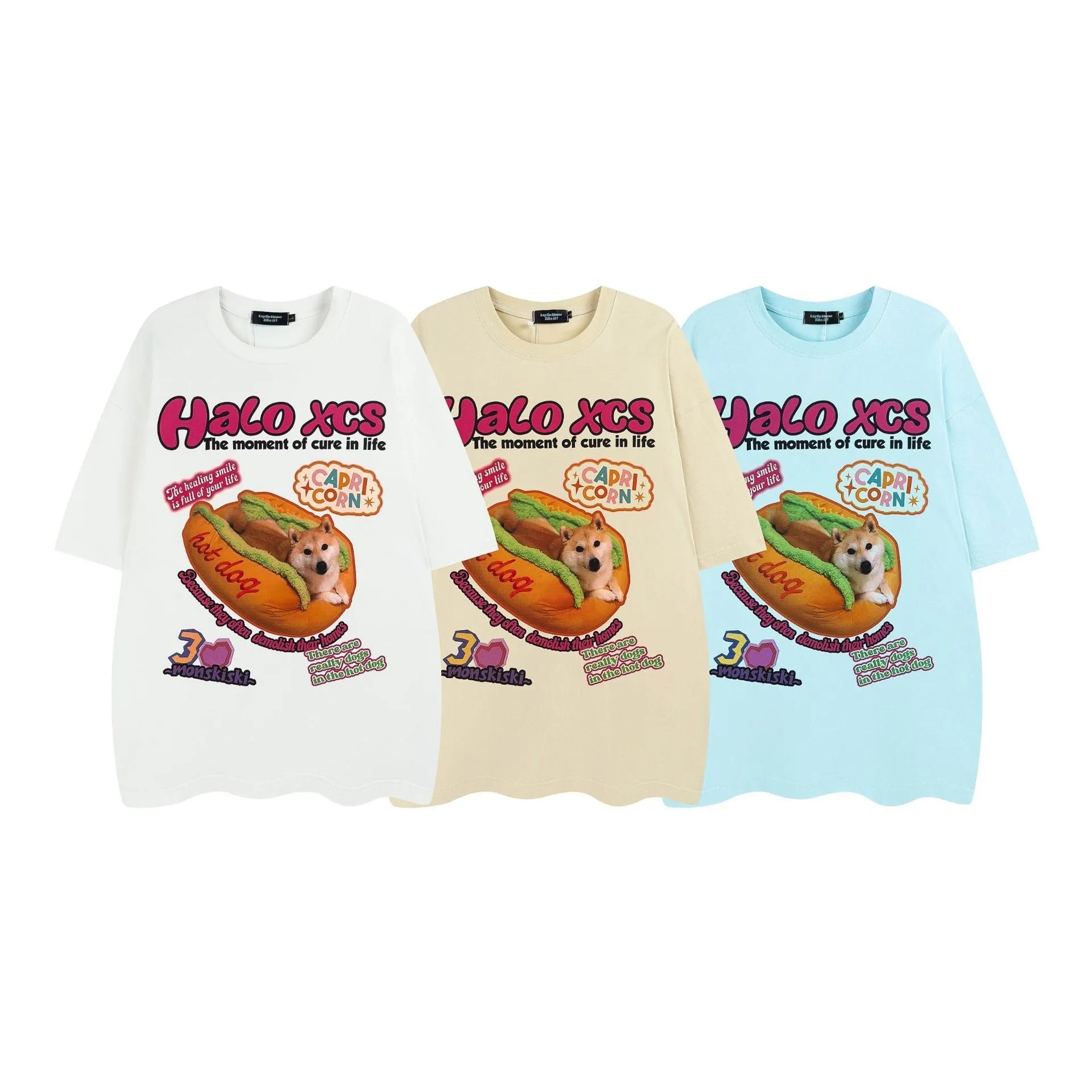 Cartoon hamburger dog printed cotton t-shirt in loose fit showing front design