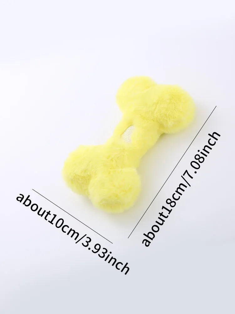 Blue plush bone-shaped dog toy with a vocal squeaker for interactive chew play