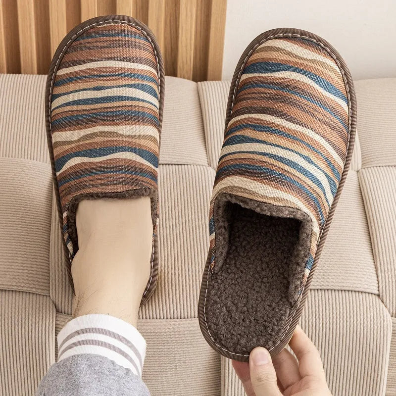 Household cotton slippers with linen surface in floral pattern colours and PVC sole