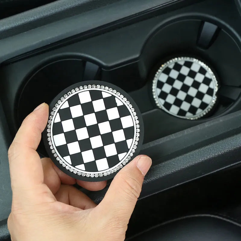 Black and white checkerboard pattern PVC car cup holder mat with non-slip base