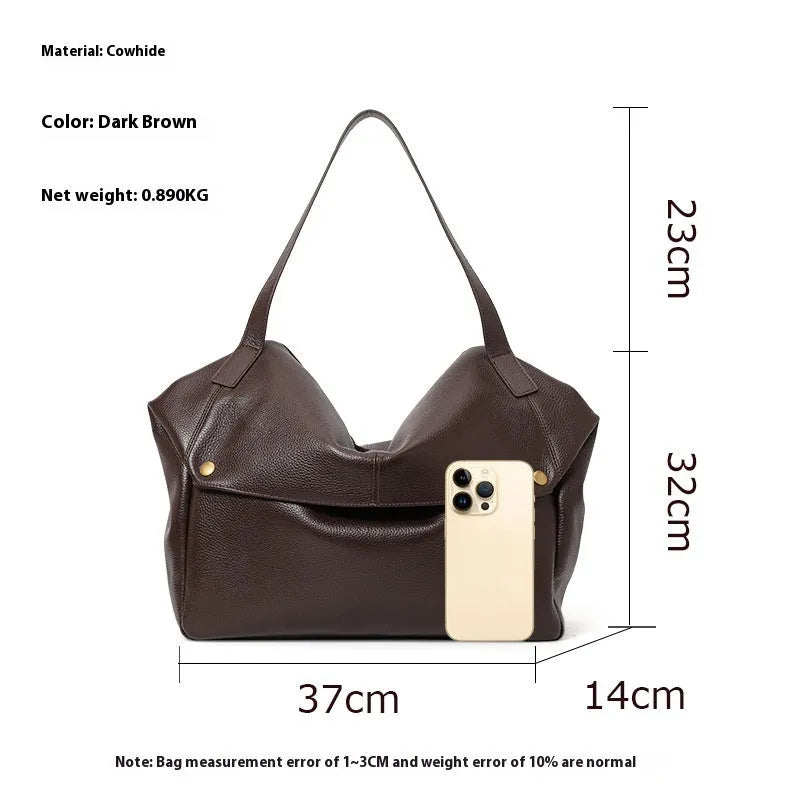 Brown genuine leather women's commuter shoulder bag with horizontal square shape and internal zipper organisation