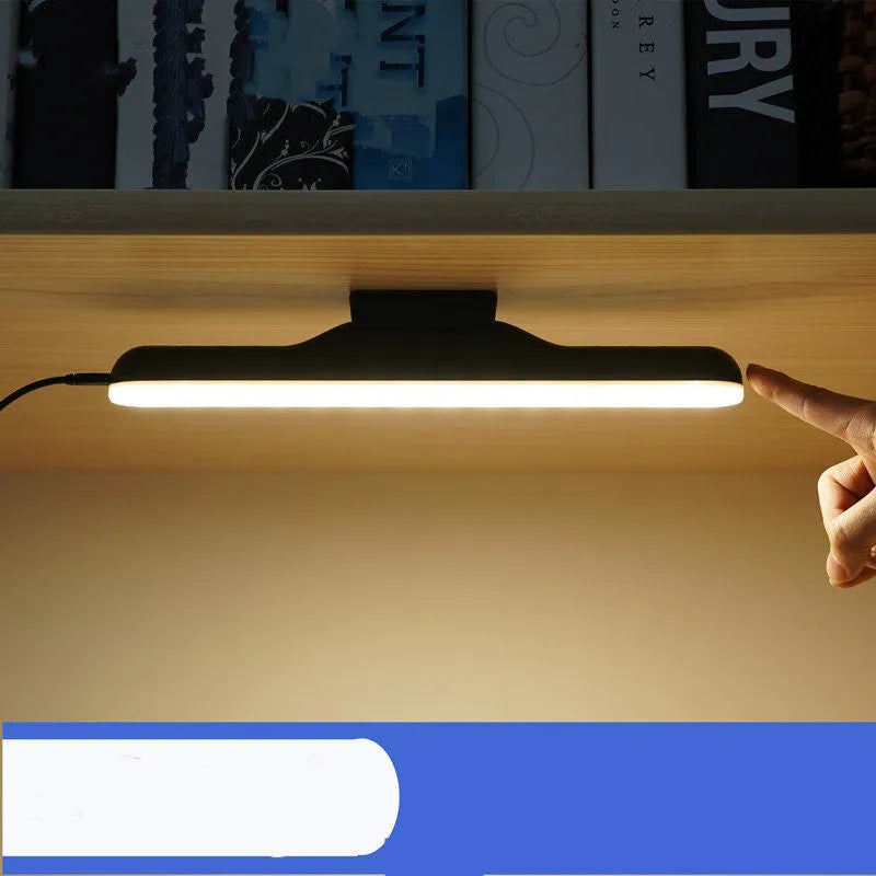 Plastic LED desk lamp with touch control showing three dimming settings and rechargeable battery for portable use