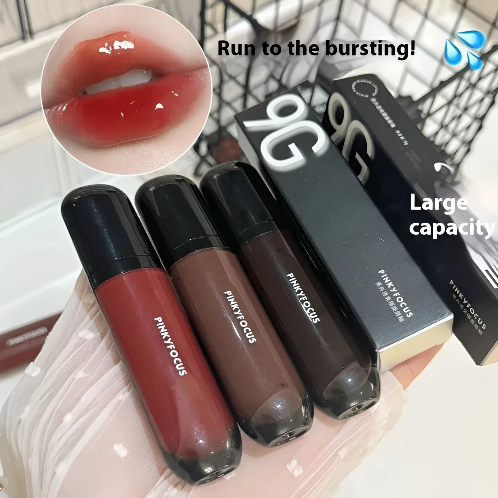 Black glossy mirror lip lacquer in one of six matte colour options: tomato, orange brown, brown, rose, red, or sweet potato.