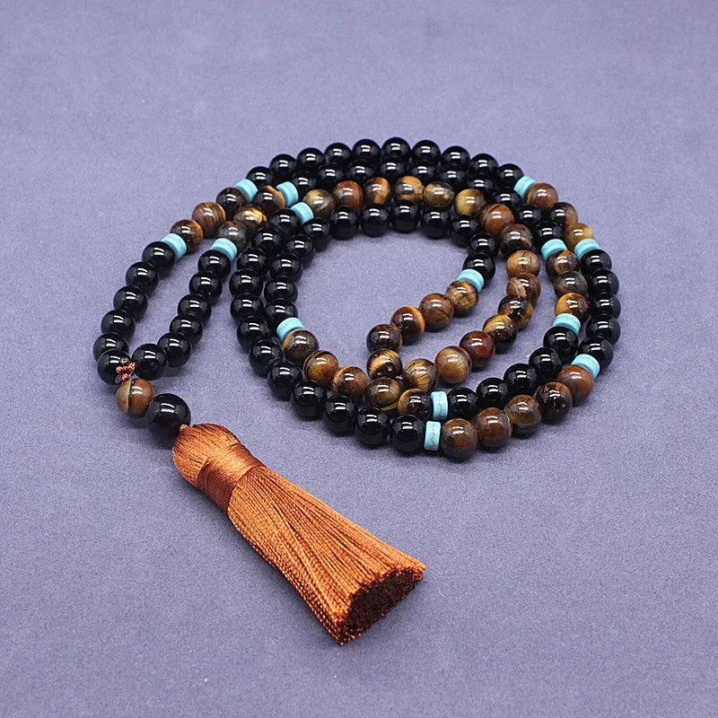 Black agate tiger eye stone bracelet and necklace set with geometric bead design