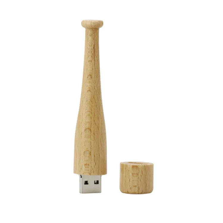 Baseball bat shaped USB flash drive with wood shell and USB connector showing storage design