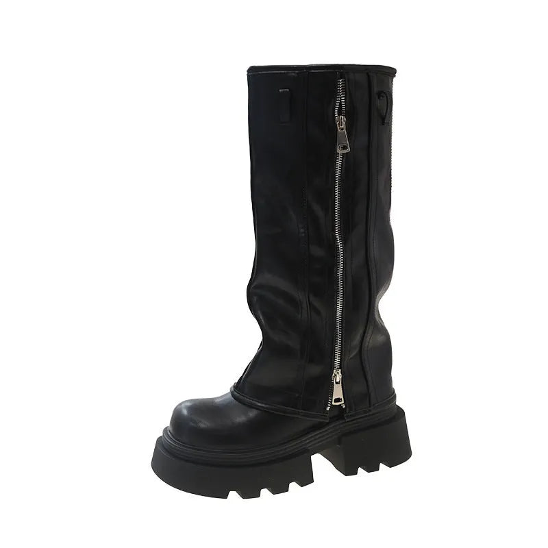 Platform Muffin Pants Martin Boots in black, brown, or wine red with chunky rubber sole and high cylinder sock