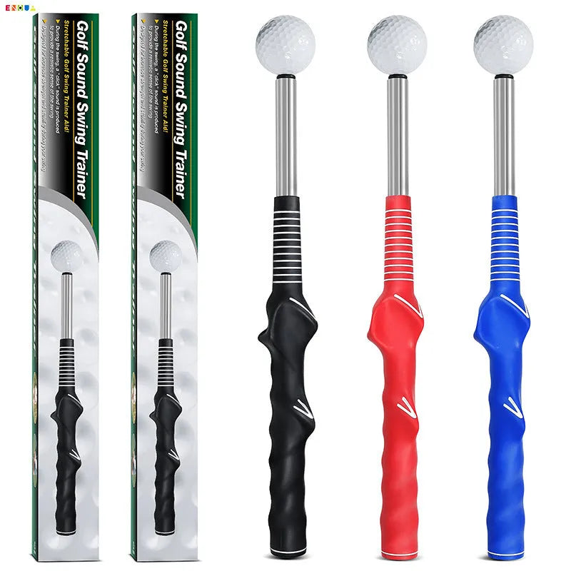 Stainless steel telescopic golf swing simulator trainer on a plain background