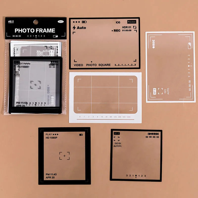 15 transparent retro frame stickers for journals including photography, film, magazine, music, social designs