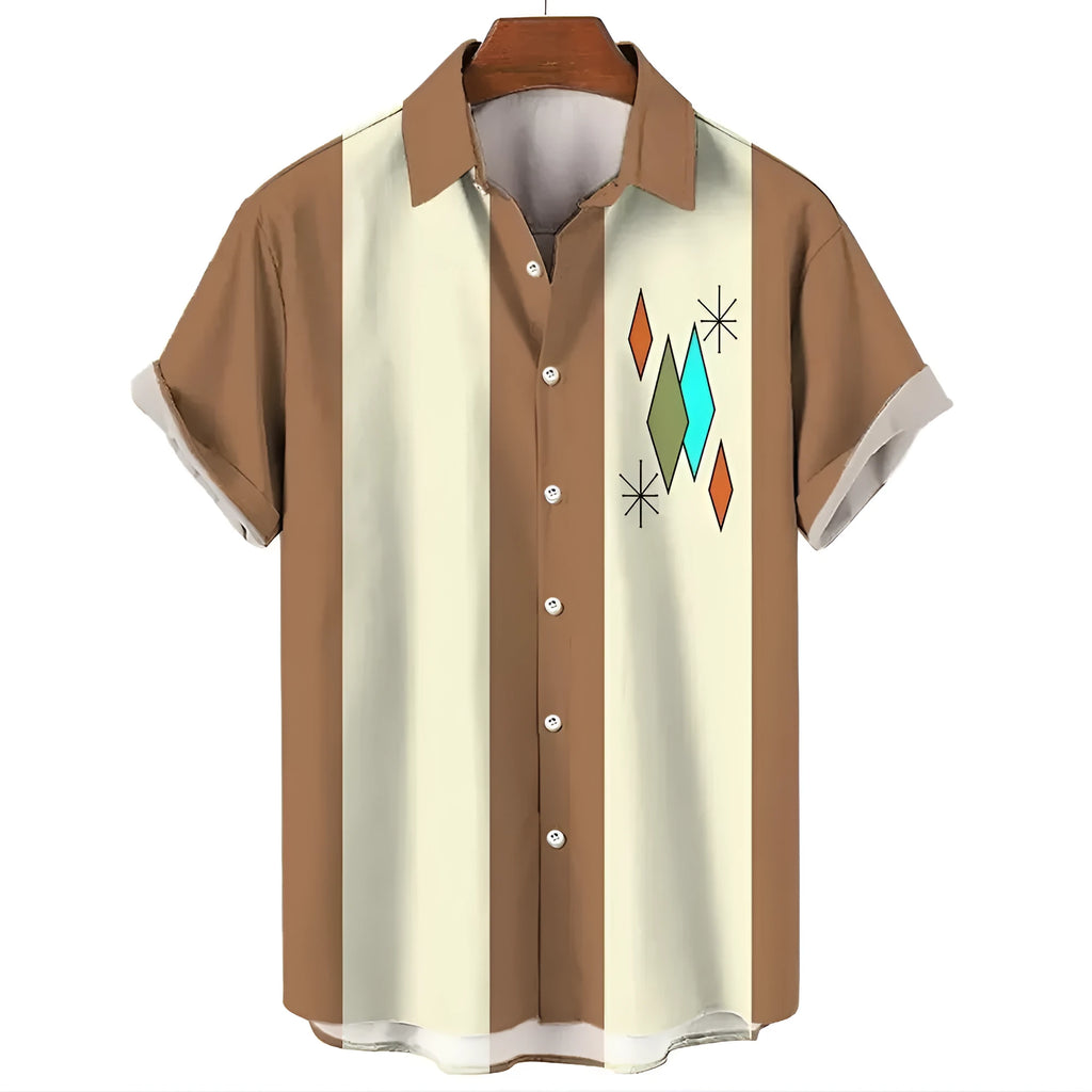 Men's striped Hawaiian shirt in polyester fabric with button-up short sleeves