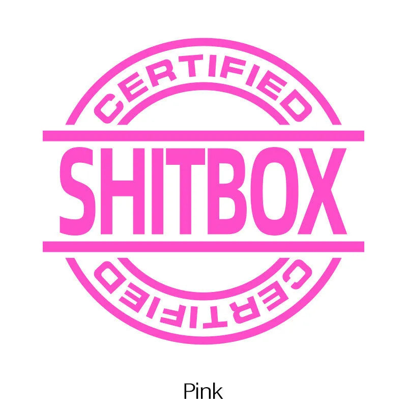13 by 12 cm vinyl car body sticker shown in a selection of its ten available colours including black, silver, red, and glitter.