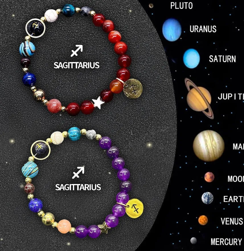 Twelve individual zodiac sign bracelets with natural stone beads and constellation charms on adjustable cords