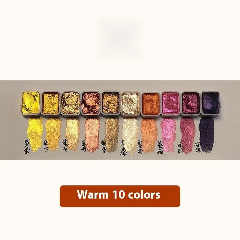 Set of Traditional Chinese painting mineral pearlescent watercolours showing tubes and containers for 20 colours, including gold shades.