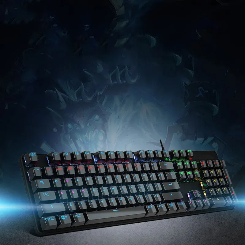AOC GK410 mechanical keyboard with green switches, metal case, and backlit keys on a desk.