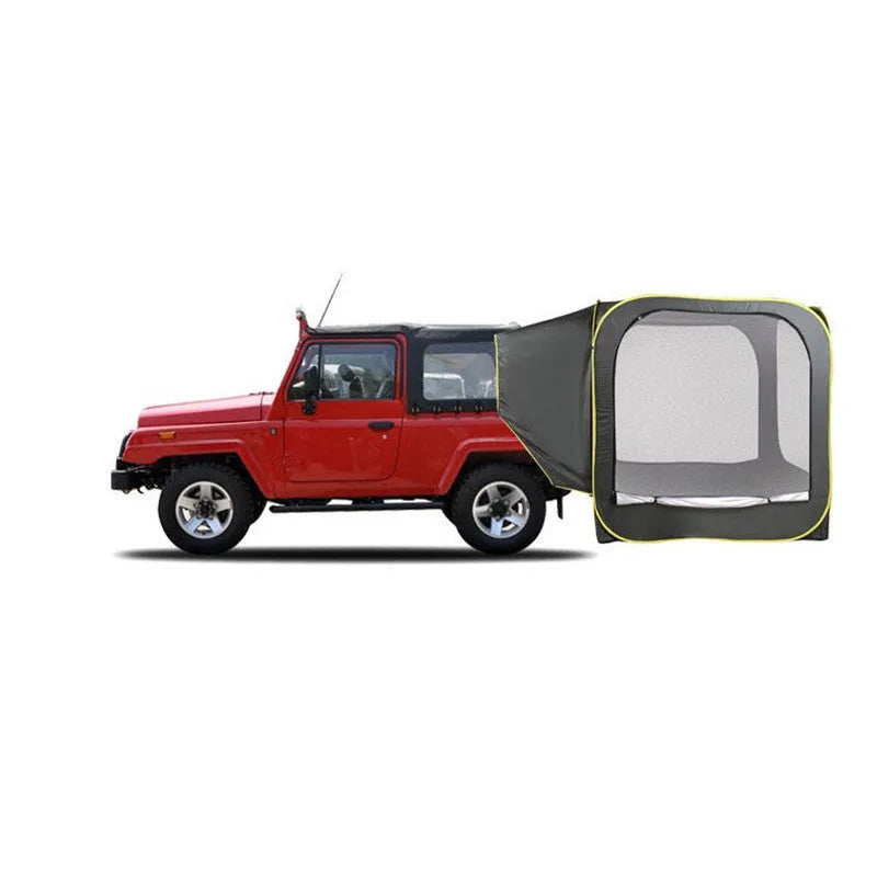 Black pop-up outdoor camping car tail tent with quick throw design unfolded to 200x200x200cm dimensions