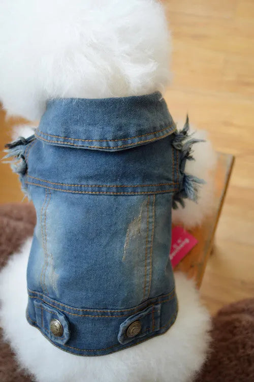Retro scratch pattern denim dog vest in dark and light colours for autumn and winter wear