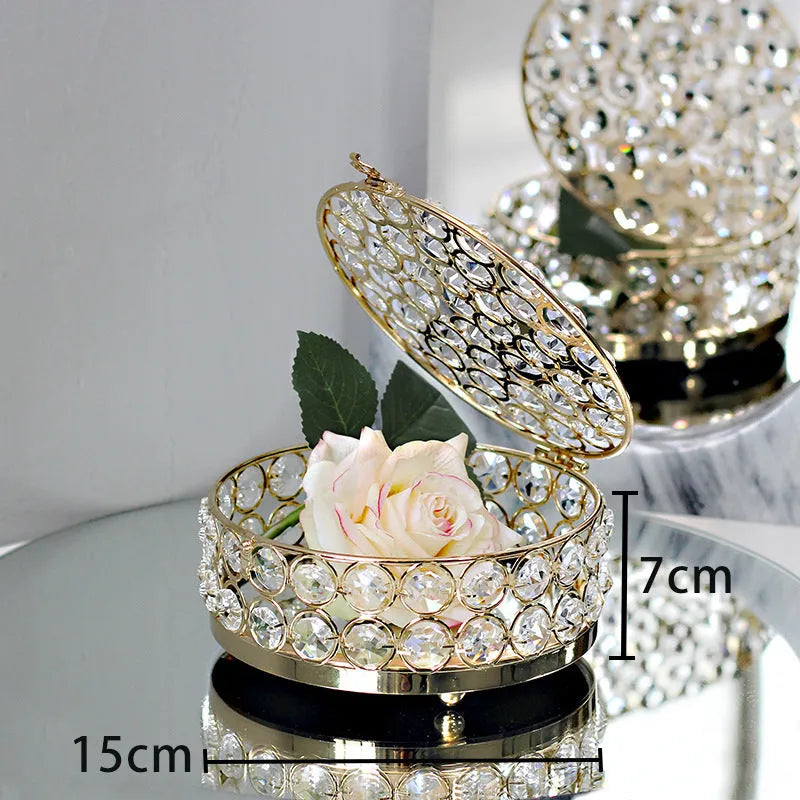 Crystal glass jewellery storage box with French gold metal frame and European design