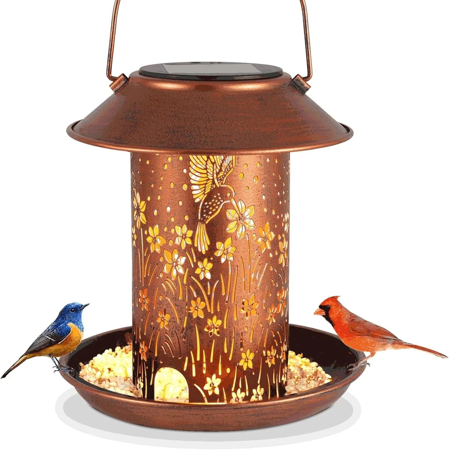 Solar-powered hummingbird pattern iron art bird feeder with integrated LED lights