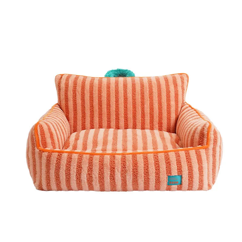 Striped soft velvet pet bed with removable cover in yellow, orange or purple colour options