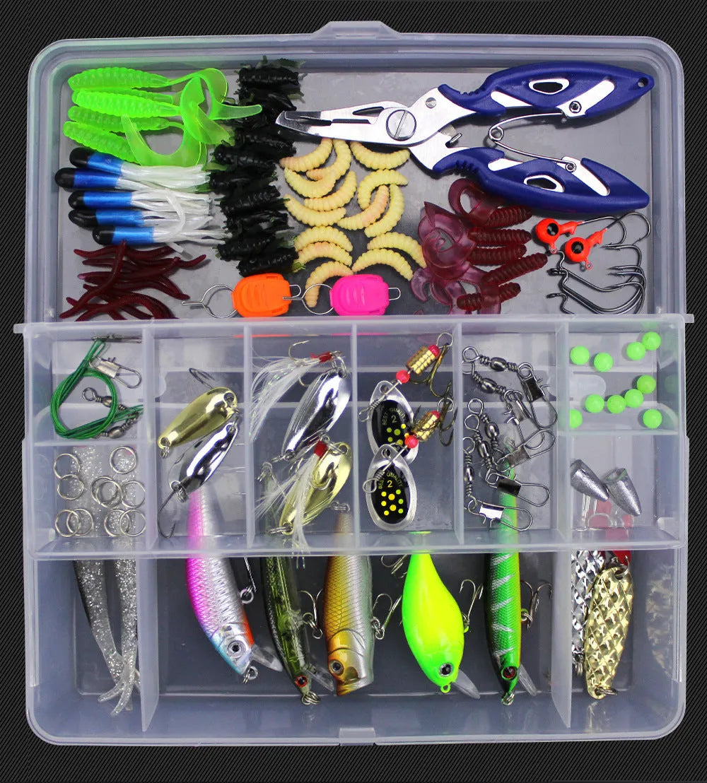 Junior fishing lure suit set with PP plastic storage box containing an assortment of artificial baits.