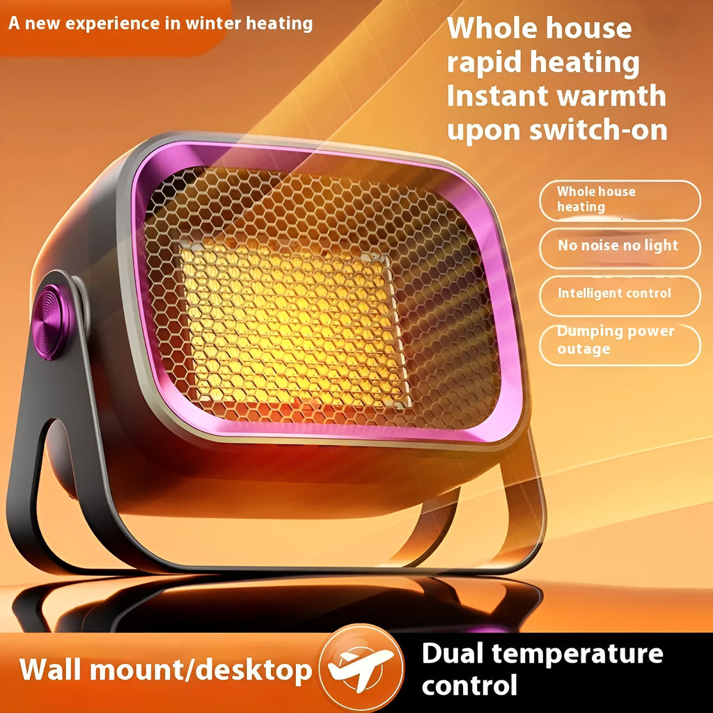 Compact white desktop ceramic heater with control buttons, shown on a wooden desk.