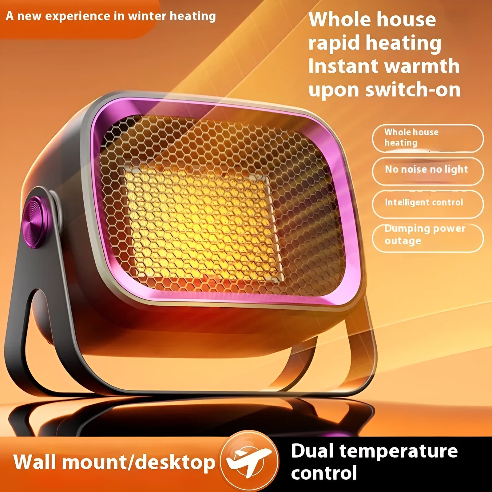 Compact white desktop ceramic heater with control buttons, shown on a wooden desk.
