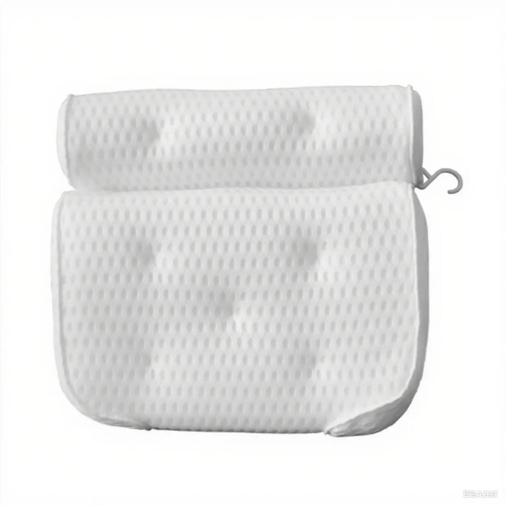 White bathtub pillow with 4D mesh surface and 7 suction cups on back