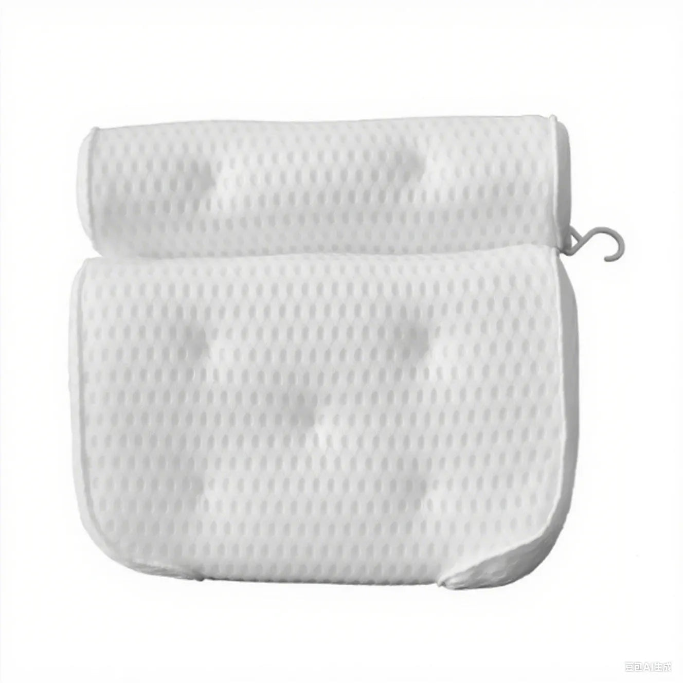 White bathtub pillow with 4D mesh surface and 7 suction cups on back