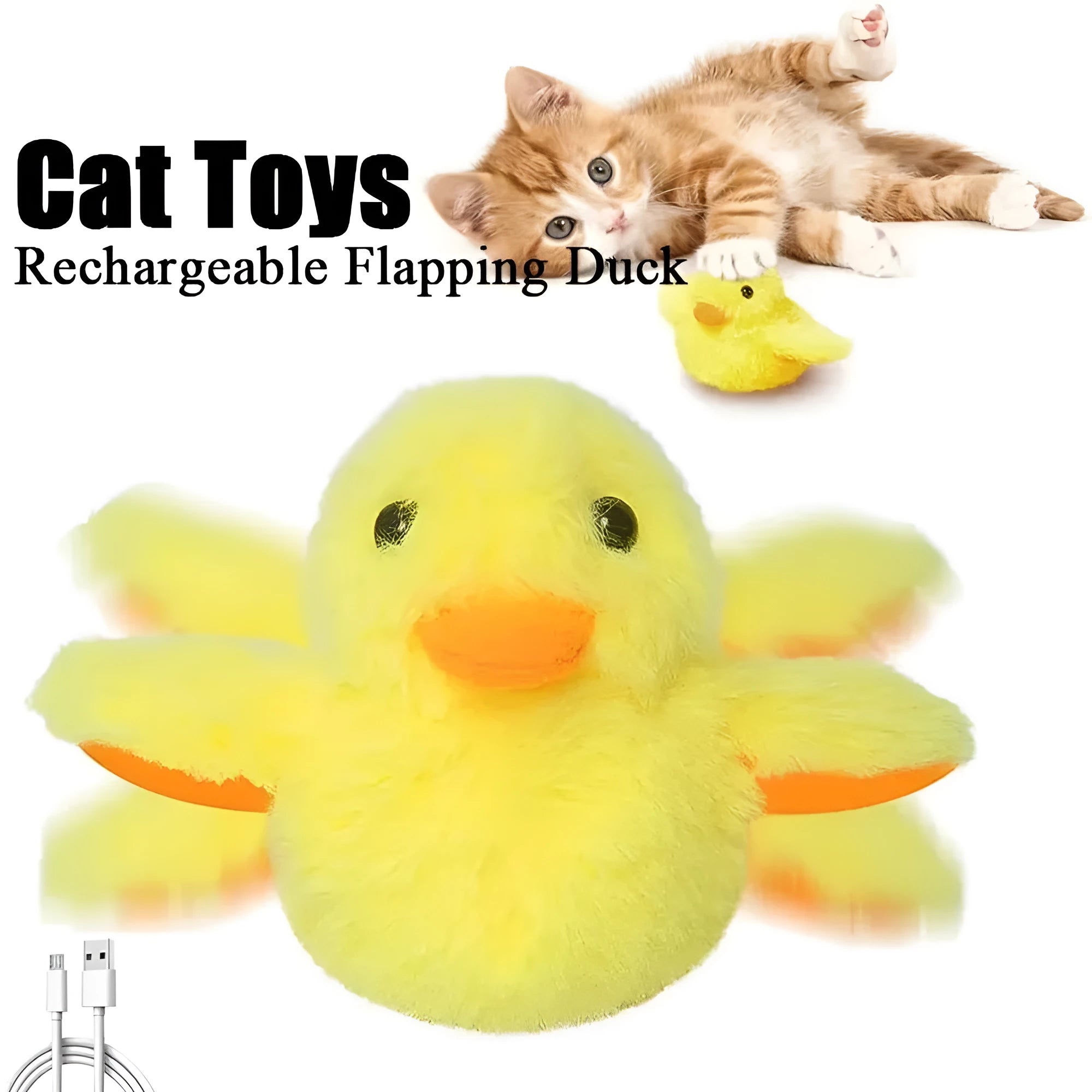 Yellow flapping duck cat toy with removable plush cover and USB charging cable