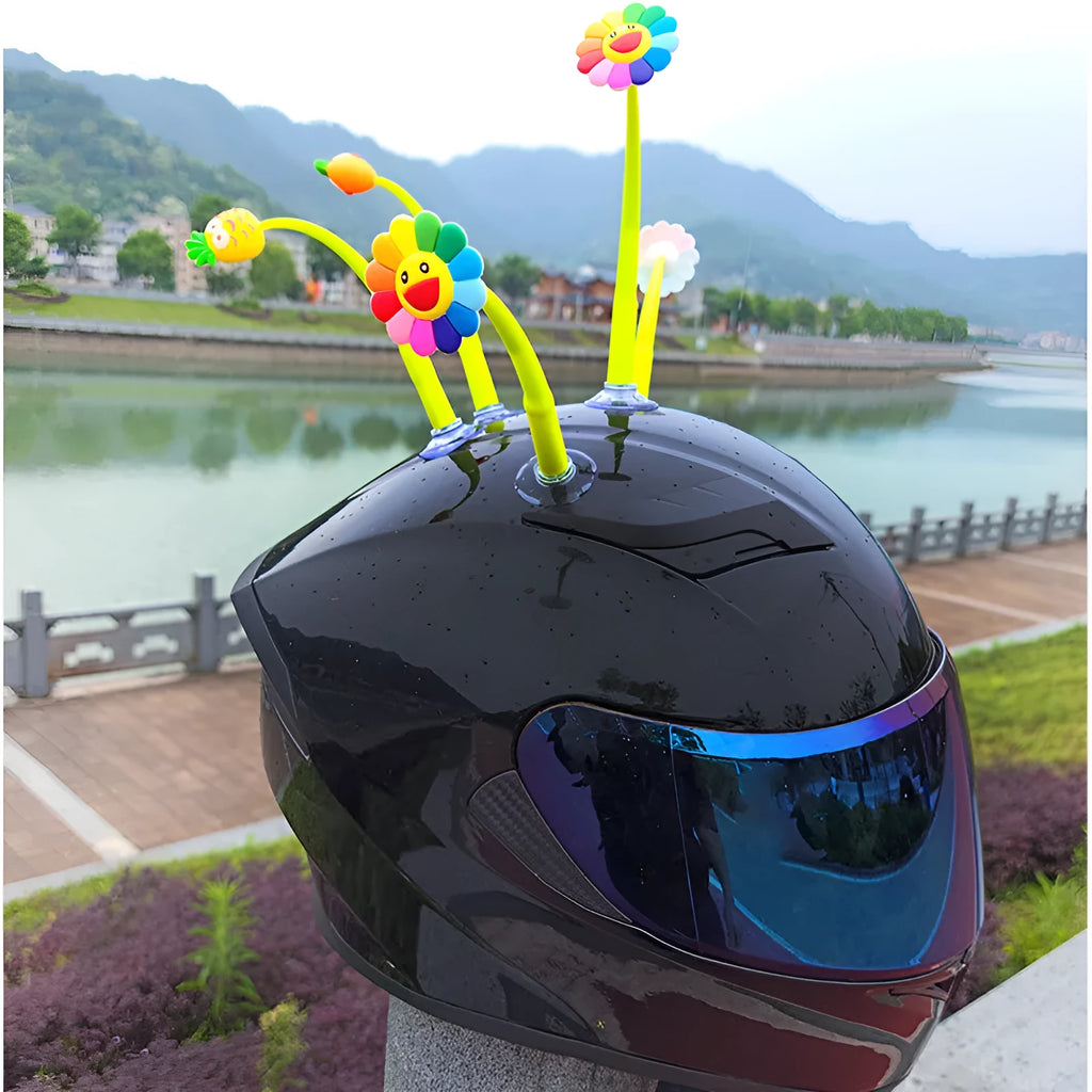 Silicone sunflower helmet decoration with suction cup on a motorcycle helmet.