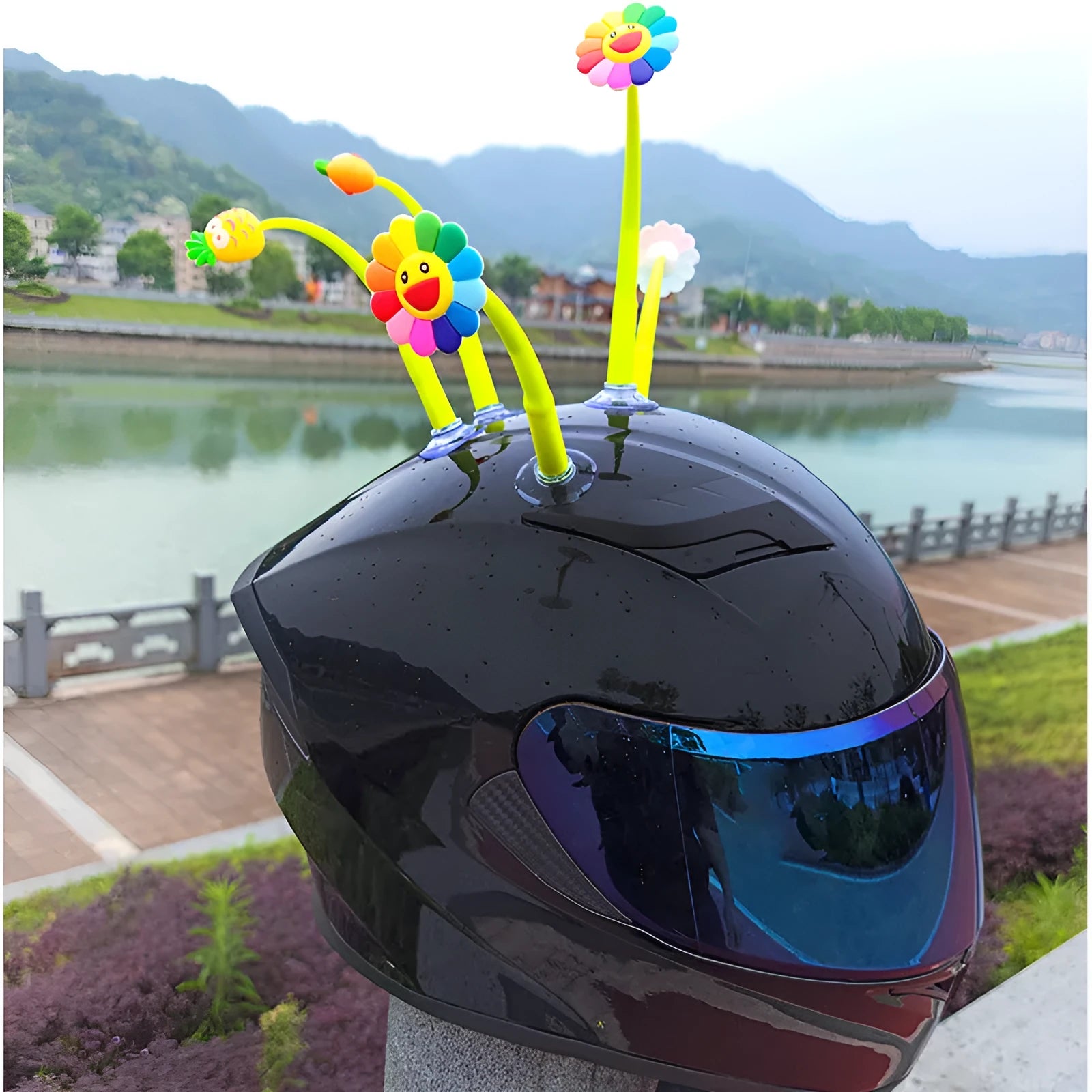 Silicone sunflower helmet decoration with suction cup on a motorcycle helmet.