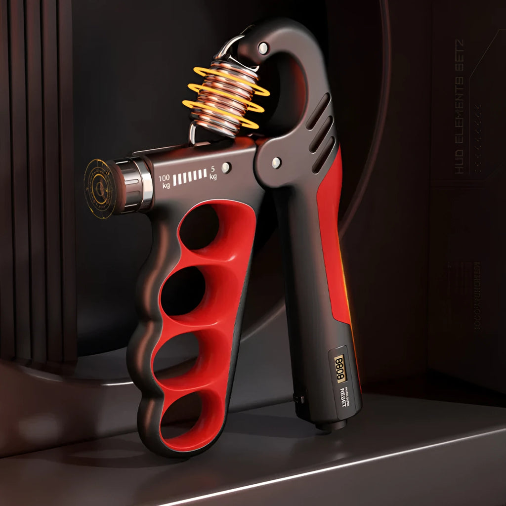 Electronic spring grip with digital counter in orange, red, or grey for fitness training.