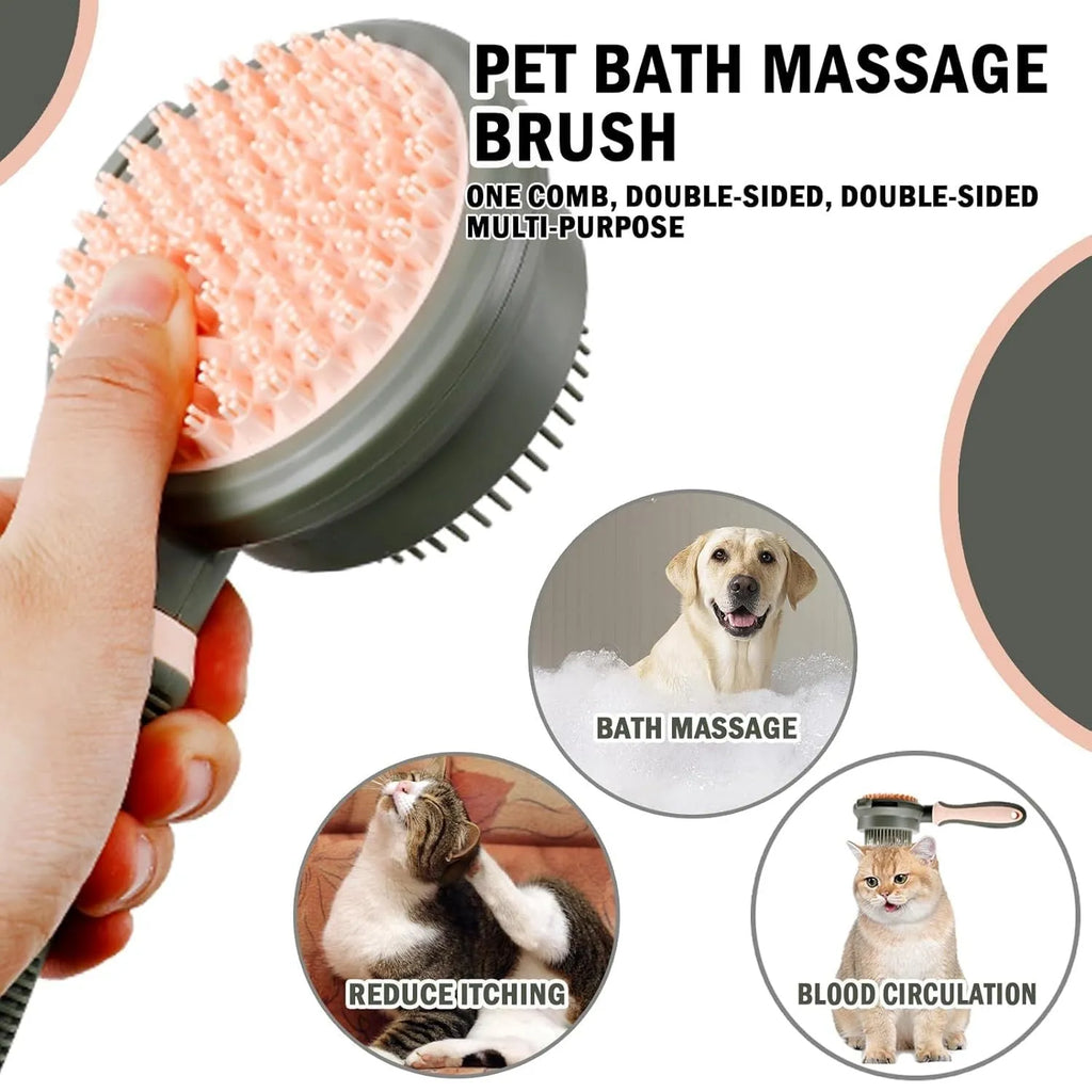 Pink double-sided cat grooming brush with release button next to a flea comb on a white background.