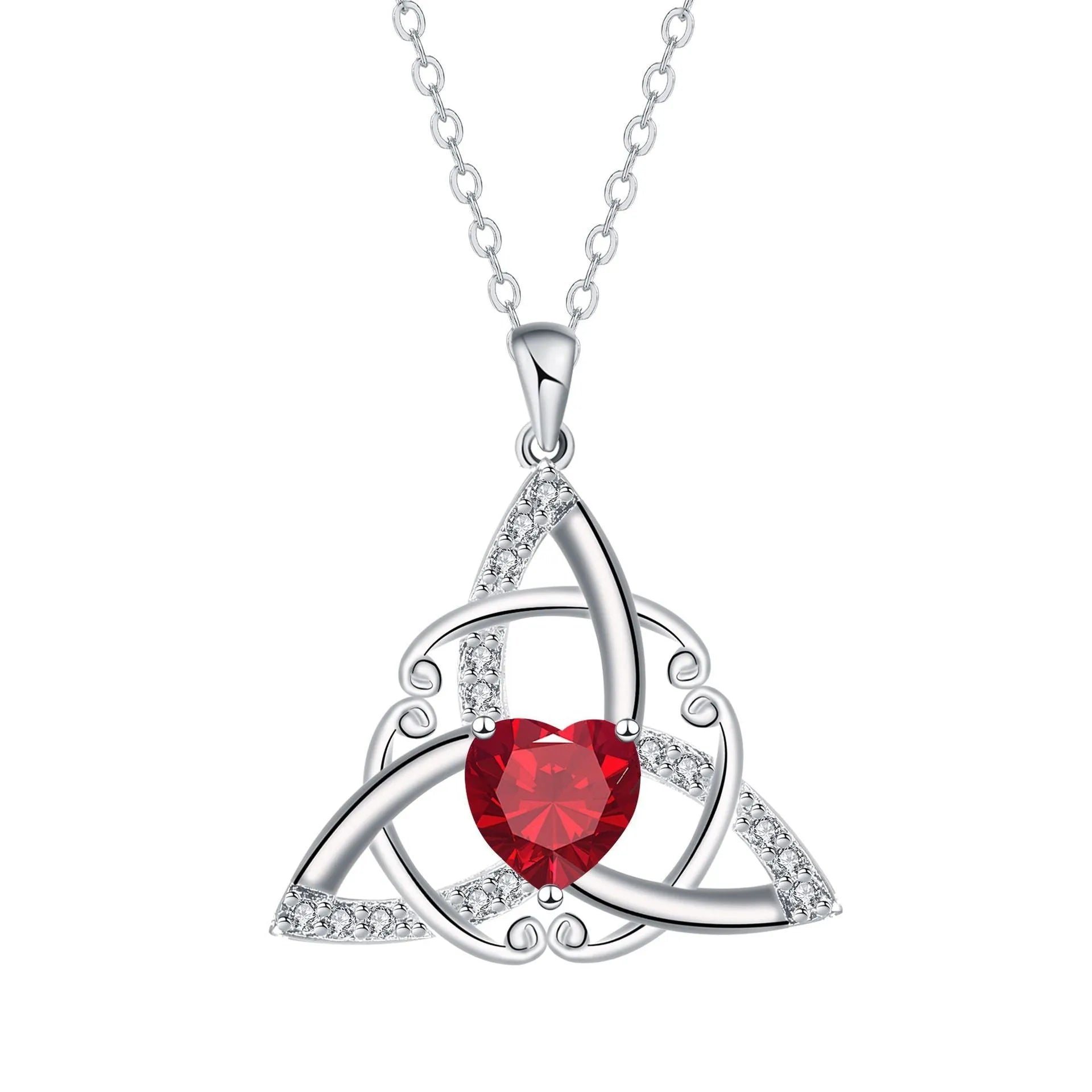 Geometric Celtic knot pendant necklace for women in electroplated copper, showing colour options.