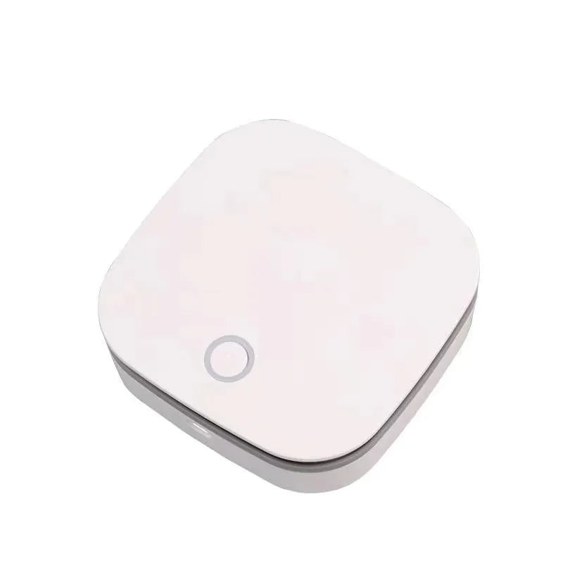 White USB-powered car air purifier with button control for air disinfection.