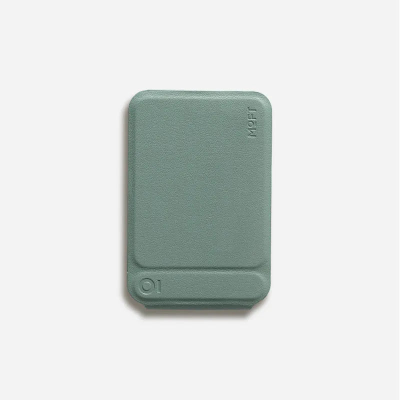 Black magnetic mobile phone holder with MOVAS leather finish, shown from the front.