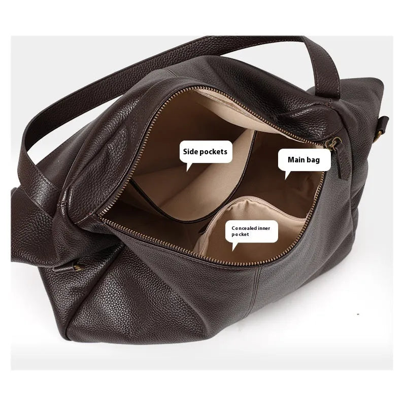 Brown genuine leather women's commuter shoulder bag with horizontal square shape and internal zipper organisation