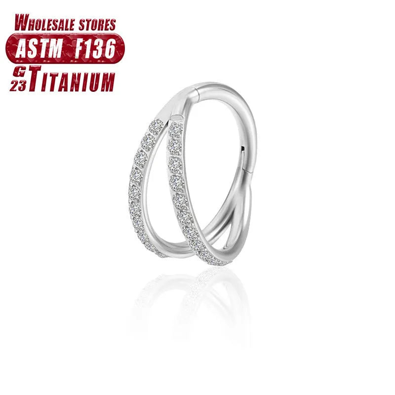 Titanium alloy fork nose ring in silver colour on black background