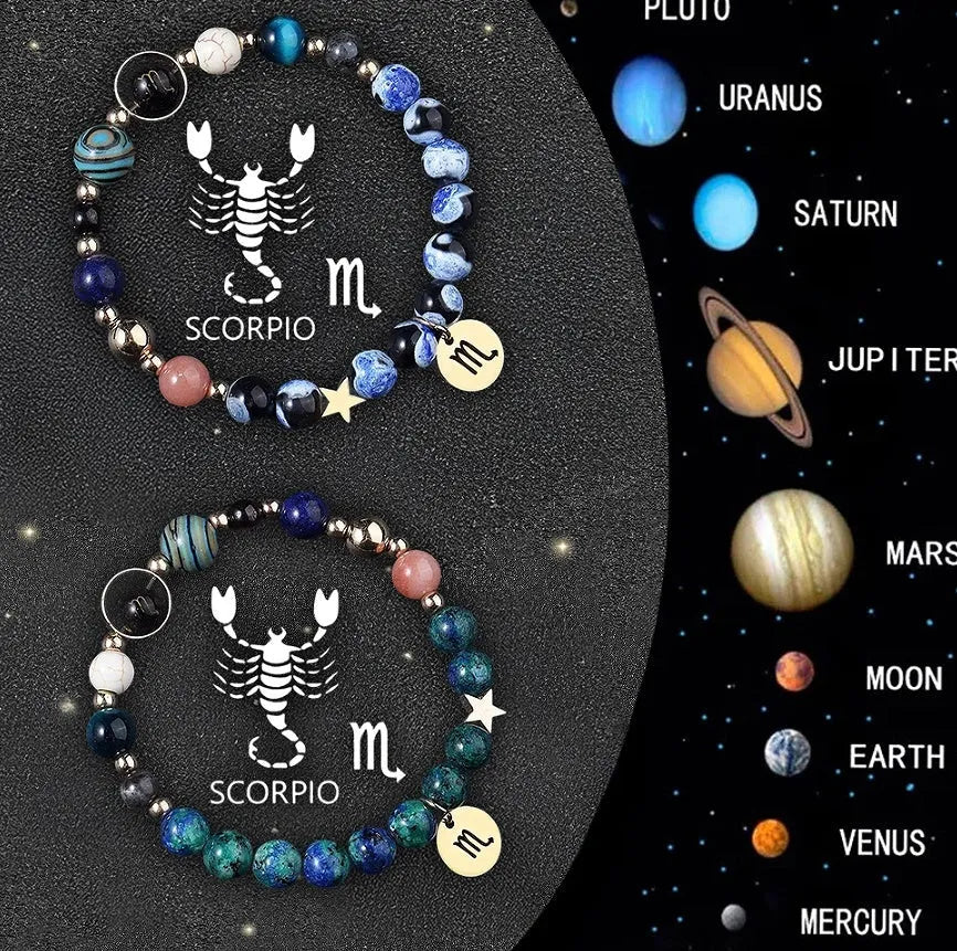 Natural stone zodiac bracelet set showing twelve astrology sign designs with mineral bead construction