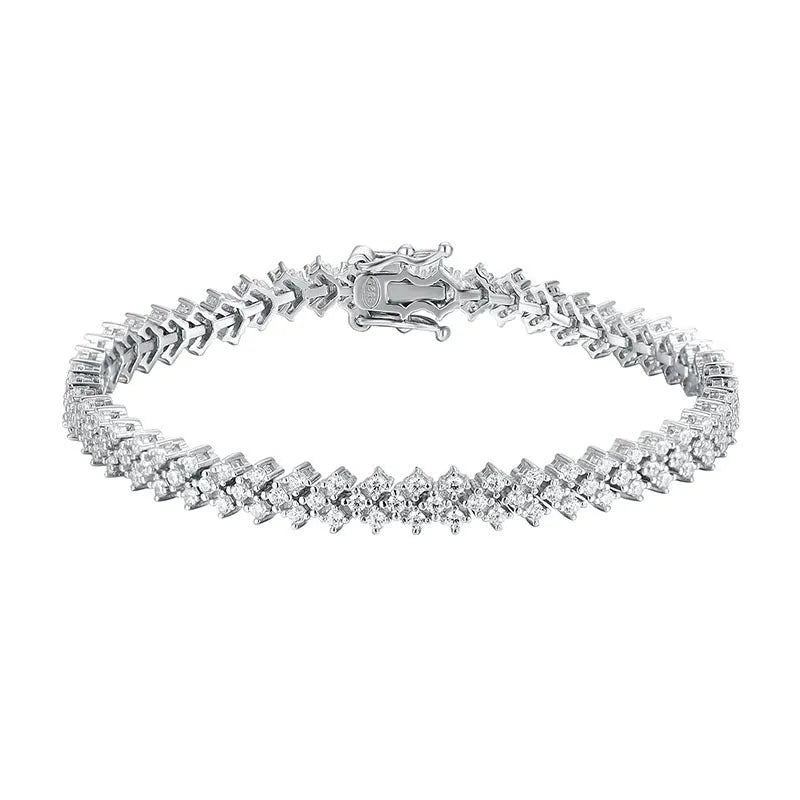 Silver plaid bracelet for women with moissanite stone on neutral background showing woven pattern and clasp