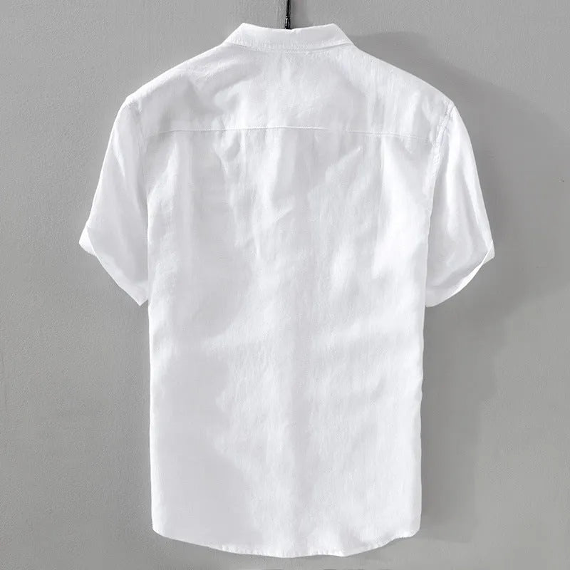 Men's light blue linen blend short sleeve shirt with loose fit on hanger