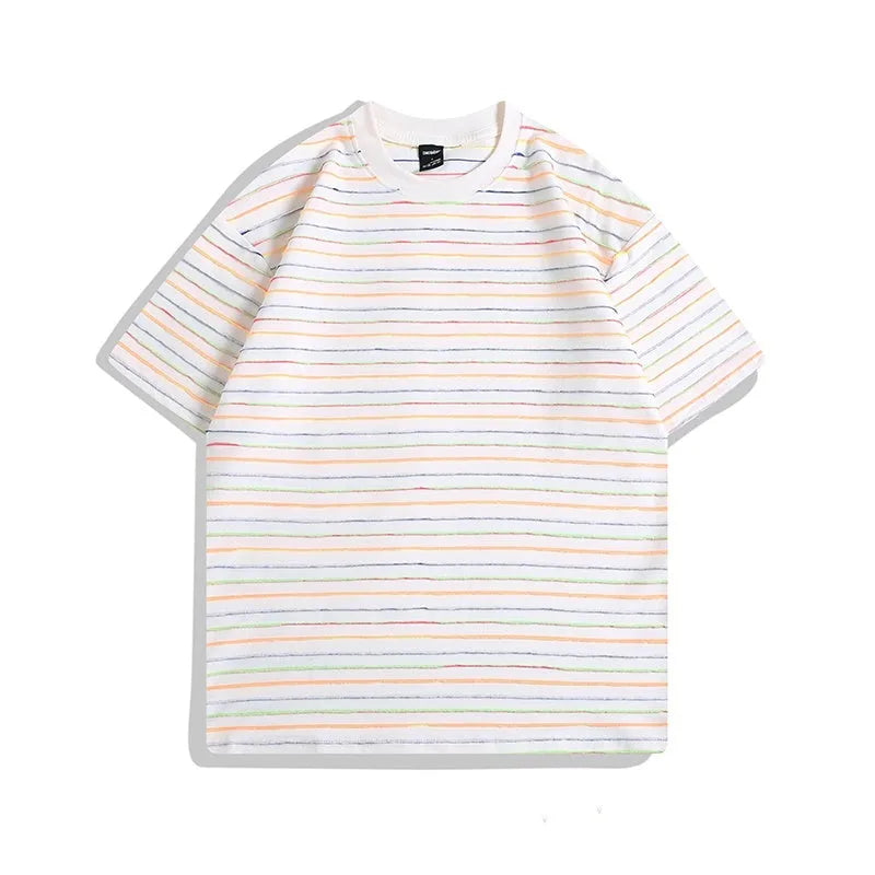 Striped loose fit half sleeve couple's T-shirt in apricot colour with round neck and Asian sizing