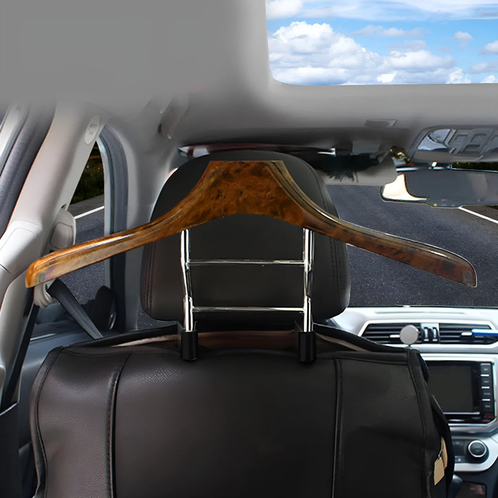 Wood yellow stainless steel car clothes hanger with detachable hooks for seat backs.