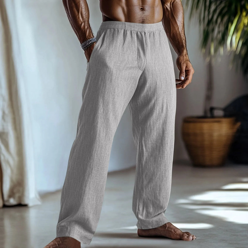 Men's straight leg casual trousers in light green cotton and linen fabric with visible pockets