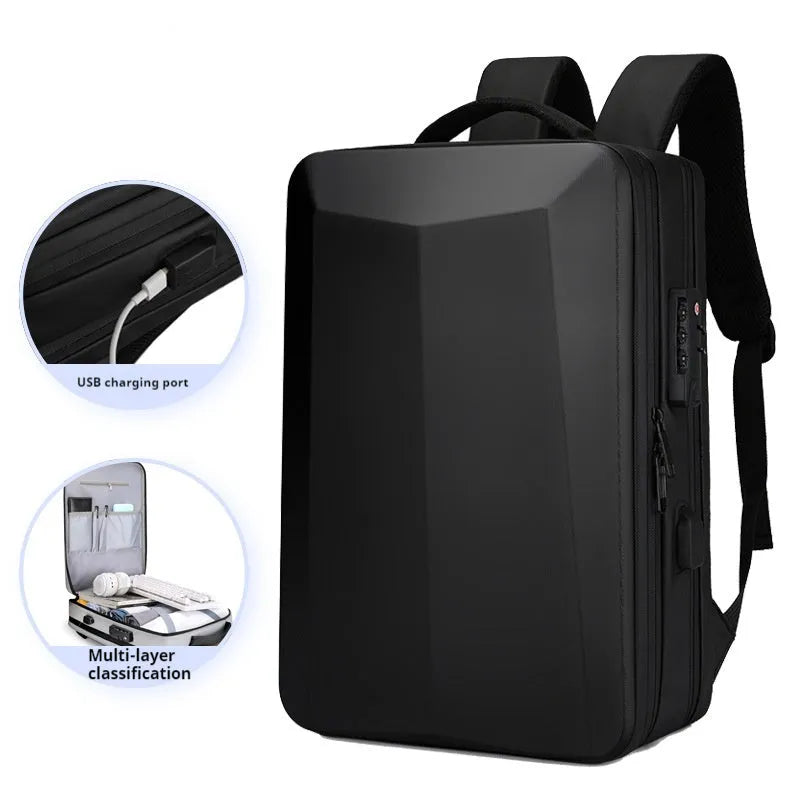 Waterproof business backpack in black colour showing curved shoulder straps and professional design