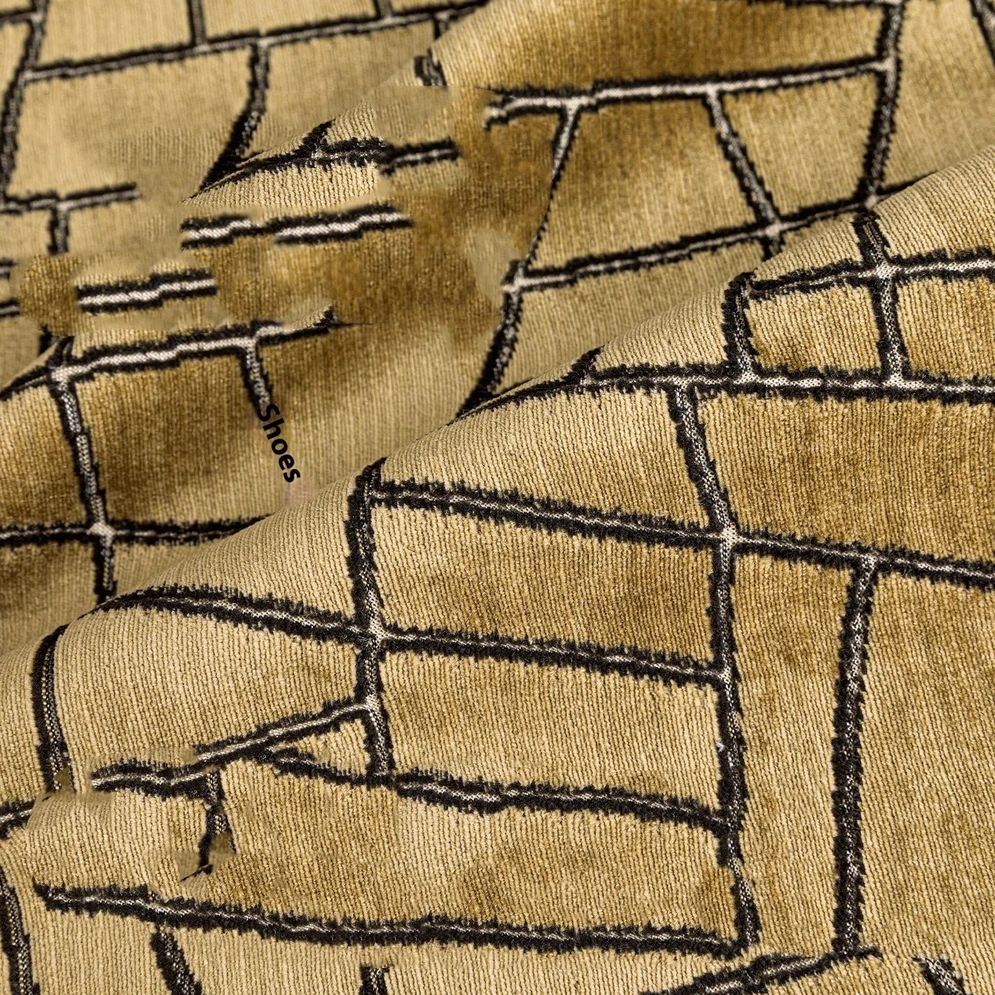 Geometric abstract cushion in Tuhao gold colour with polyester velvet texture, shown in three size options.