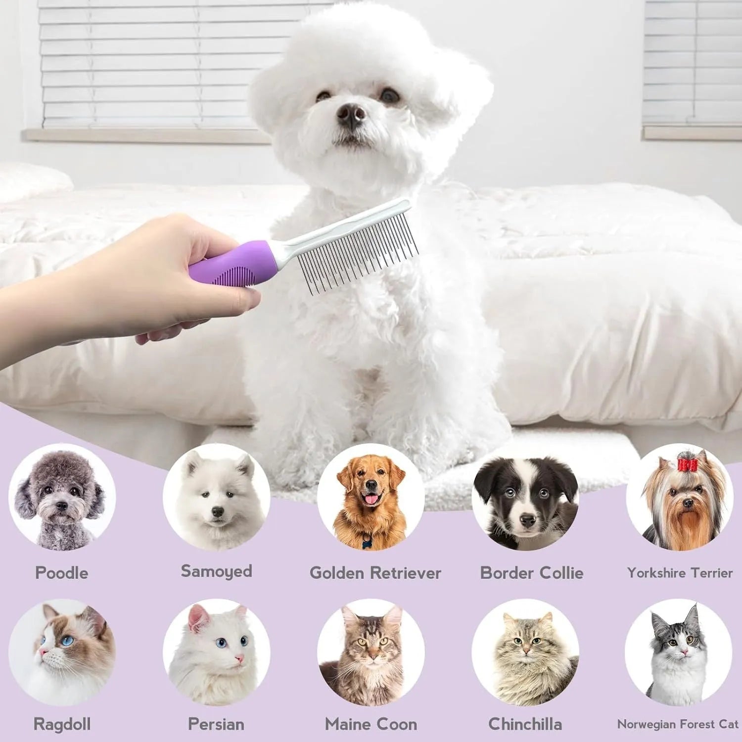Purple pet detangling comb with stainless steel teeth on wooden surface